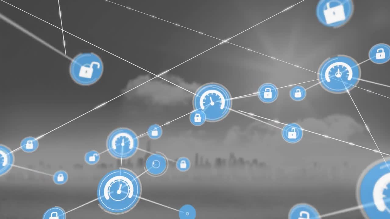 animación del velocímetro y el icono de bloqueo conectados con líneas sobre la vista aérea del paisaje urbano en medio de la niebla.
