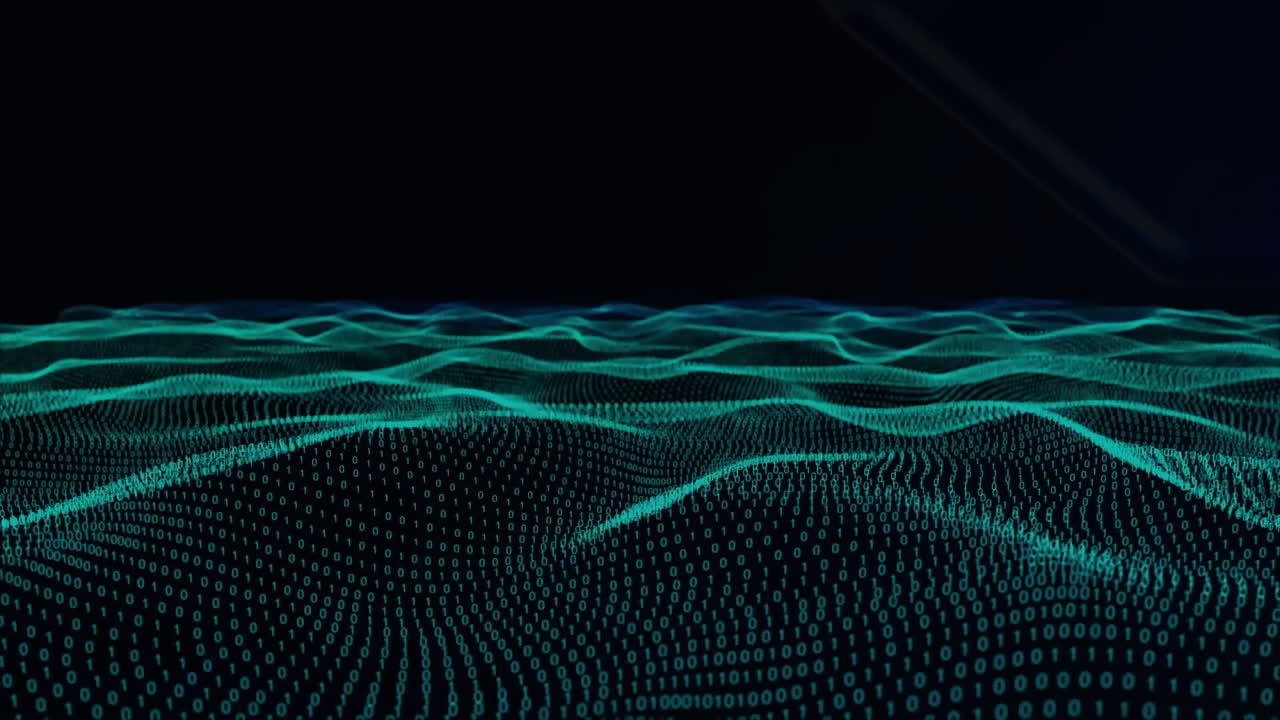 Binary code waves and data flow animation over dark background