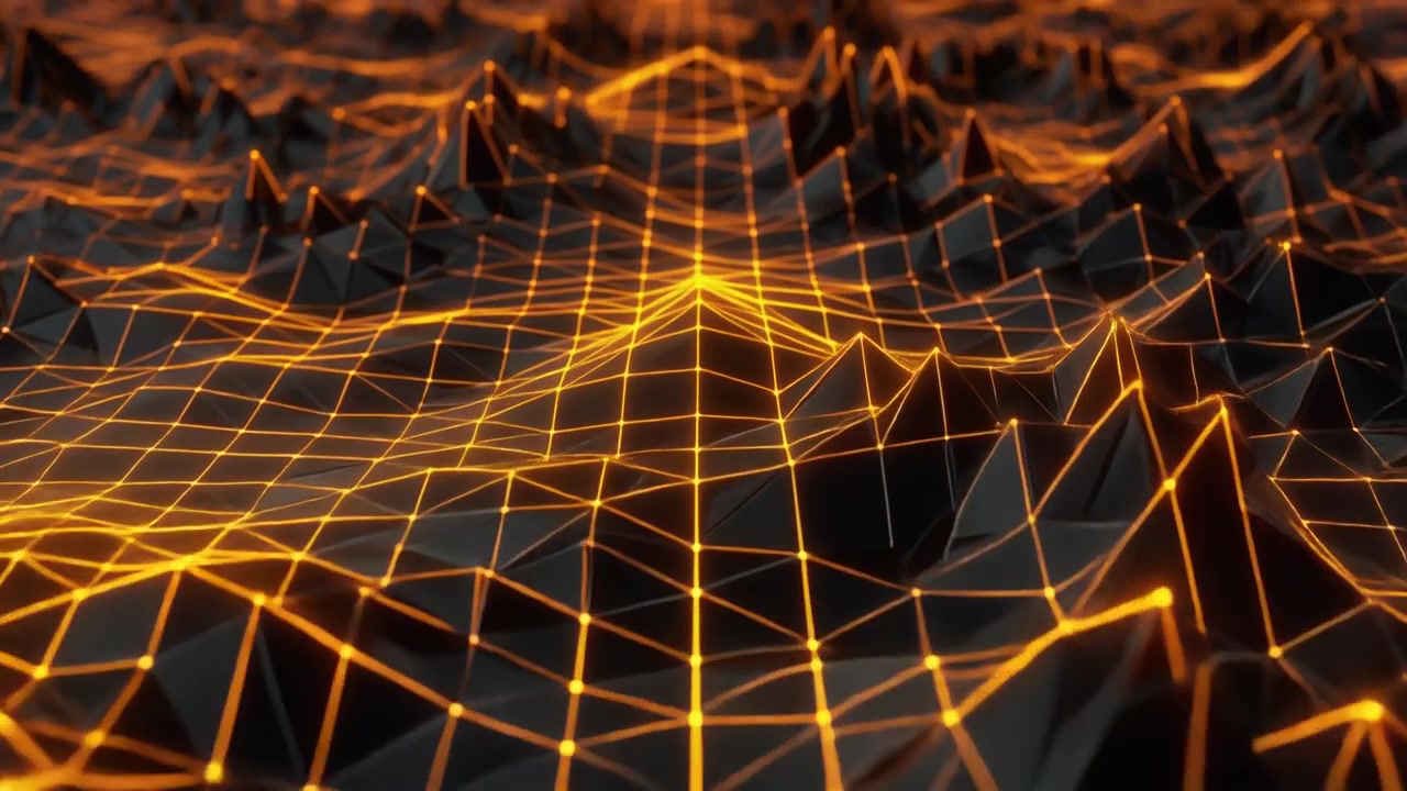 Abstract Digital Terrain with Glowing Orange Wireframe Grid