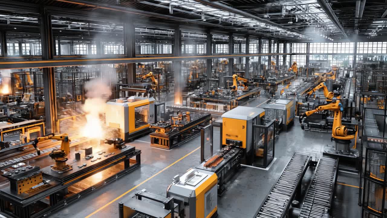 Aerial View of a Modern Automated Manufacturing Facility Showcasing Advanced Robotics and Streamlined Production Processes in a High-Tech Environment