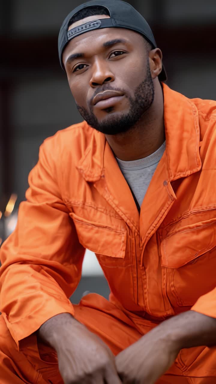Confident Man in Orange Workwear Posing Amidst Sparks: A Captivating Frame Reflecting Strength and Determination in a Dynamic Environment