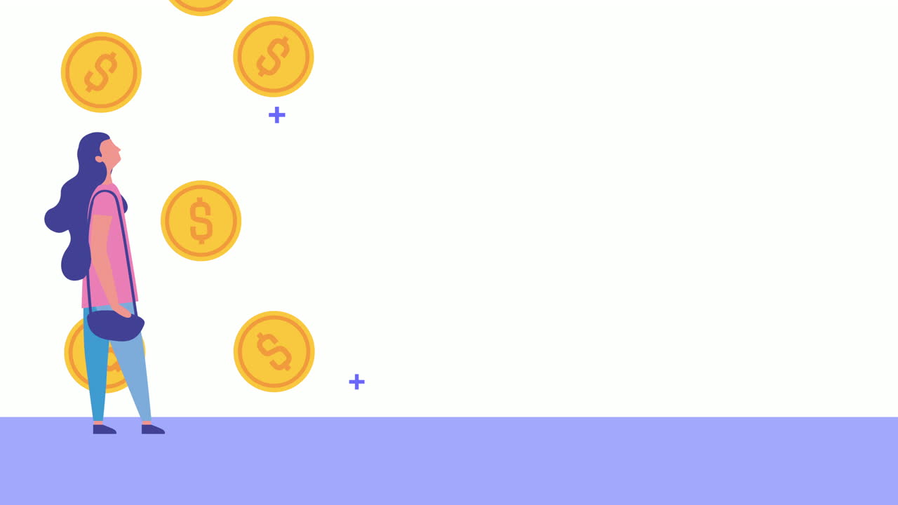 동전 비를 가진 젊은 여성 캐릭터