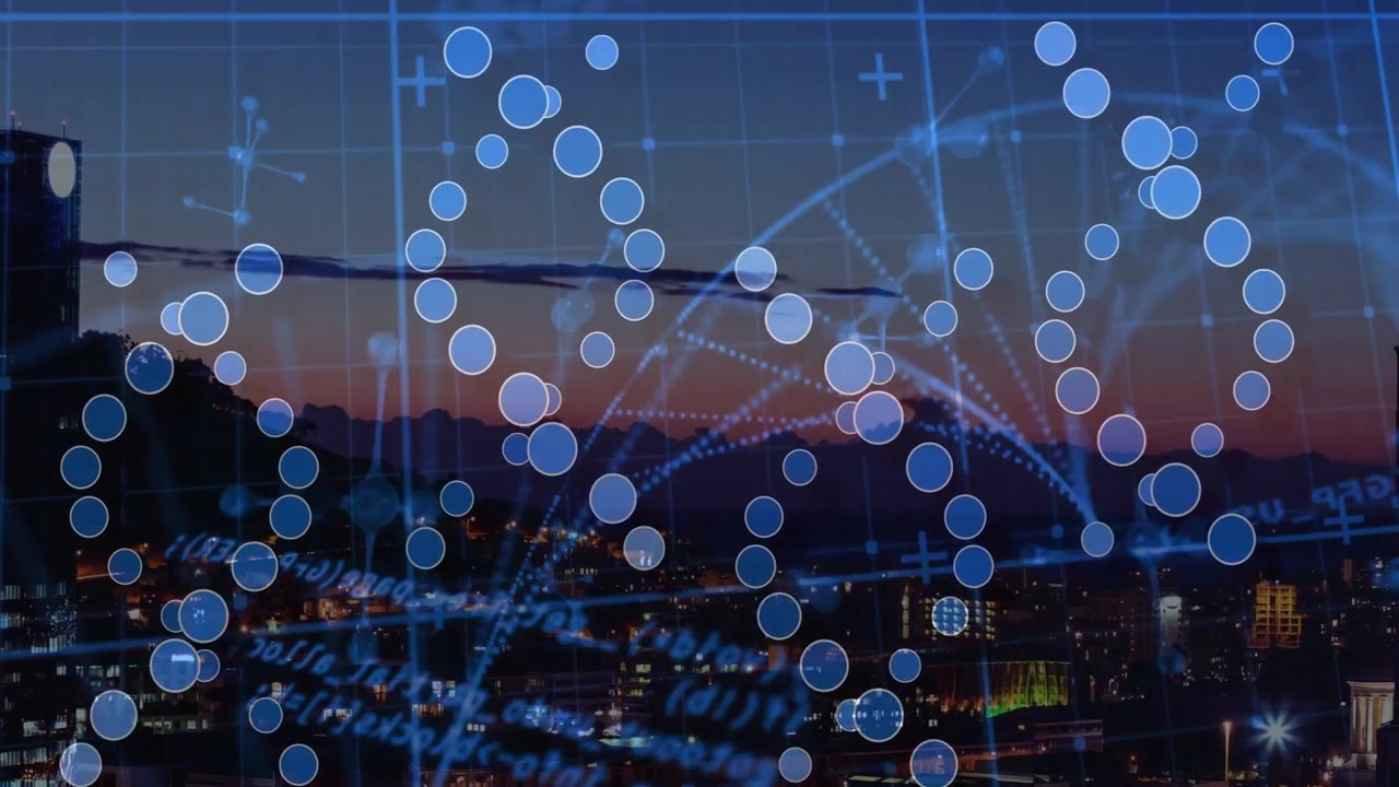 Incoming data pulse activating digital overlay on sunset skyline, nodes shifting, displaying info