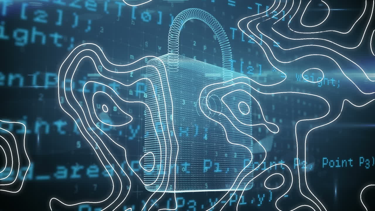 анимация цифрового замка над изогипсами и обработка данных на военно-морском фоне