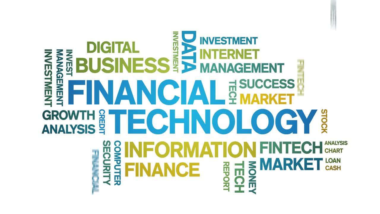 tecnologia finanziaria 4k tag animata nuvola di parole, animazione di testo ciclo senza soluzione di continuità.