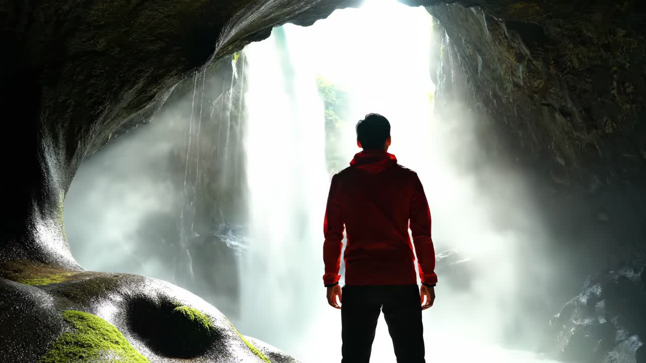Man Admiring Waterfall Inside Cave
