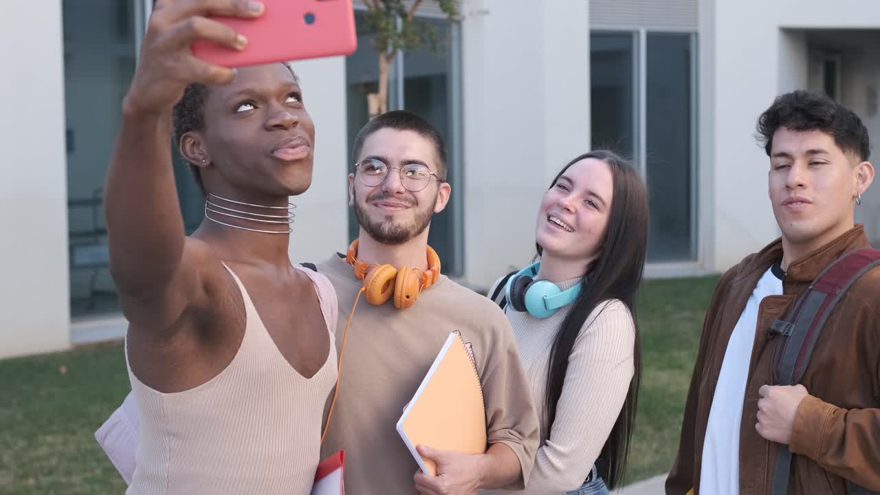 Multiethnic group of friends taking a selfie outdoors