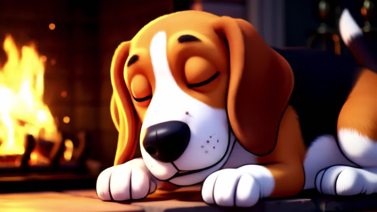 A Cozy Beagle Relaxing by the Fireplace: A Heartwarming Scene of Comfort and Warmth Featuring a Sleeping Dog Enjoying the Glow of a Gentle Fire
