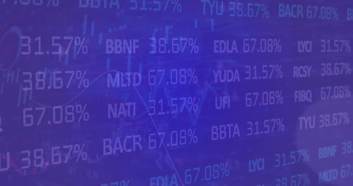 Animation of statistical and stock market data processing against blue background