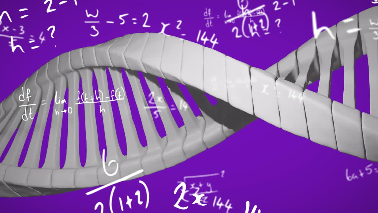 animación del hilado de la cadena de adn y el procesamiento matemático de datos sobre un fondo púrpura
