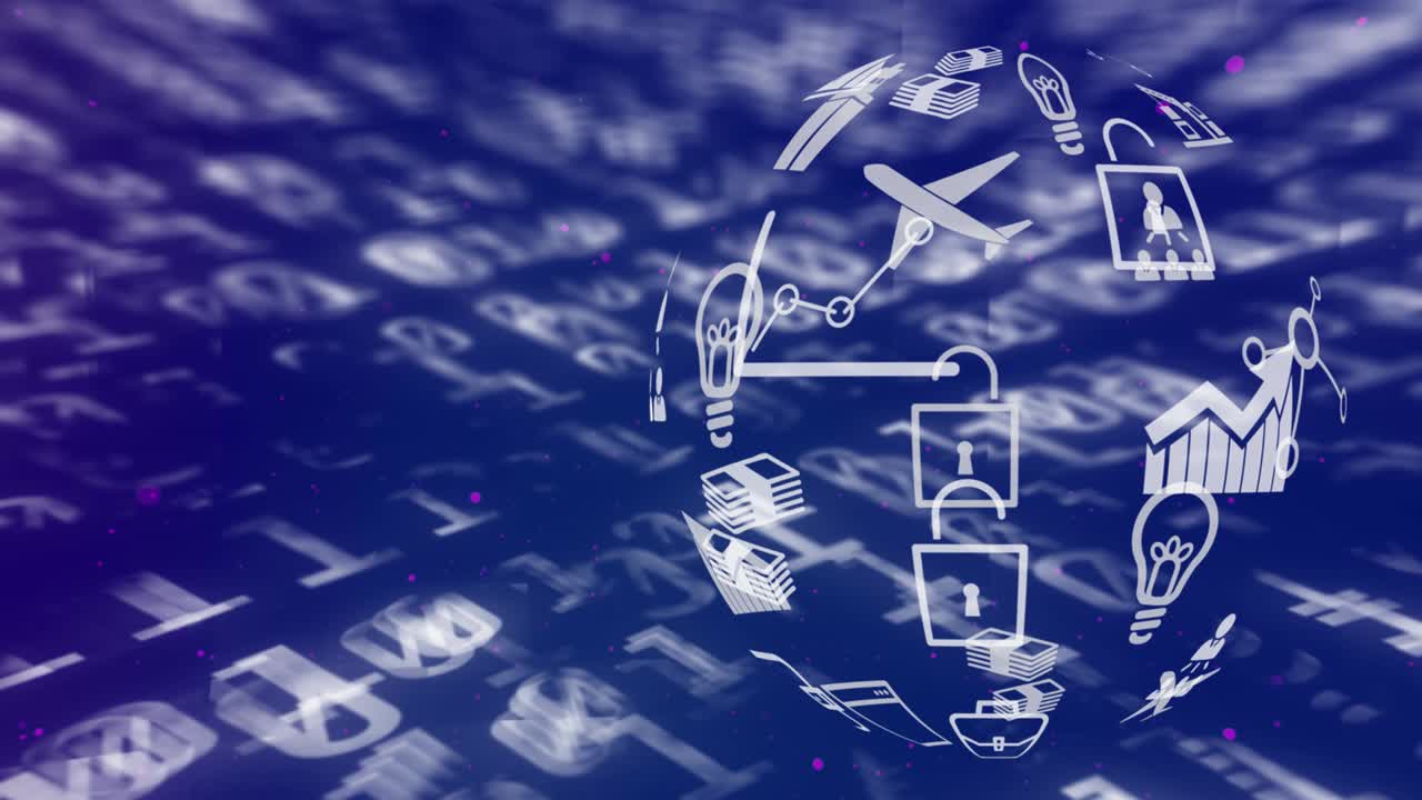 глобус цифровых икон, вращающийся на бинарном кодировании обработки данных на синем фоне