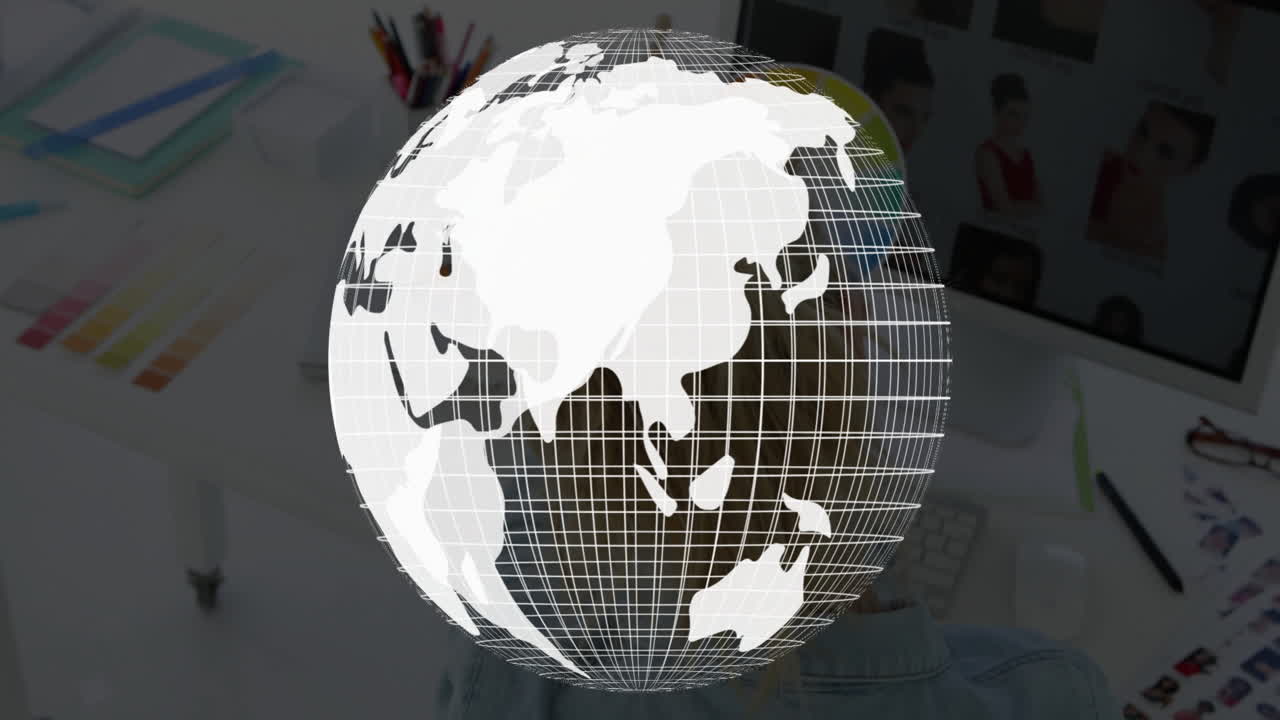 White globe grid animation over office workspace with colorful pens and papers