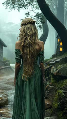 enchanting figure in a green gown walks through a misty forest