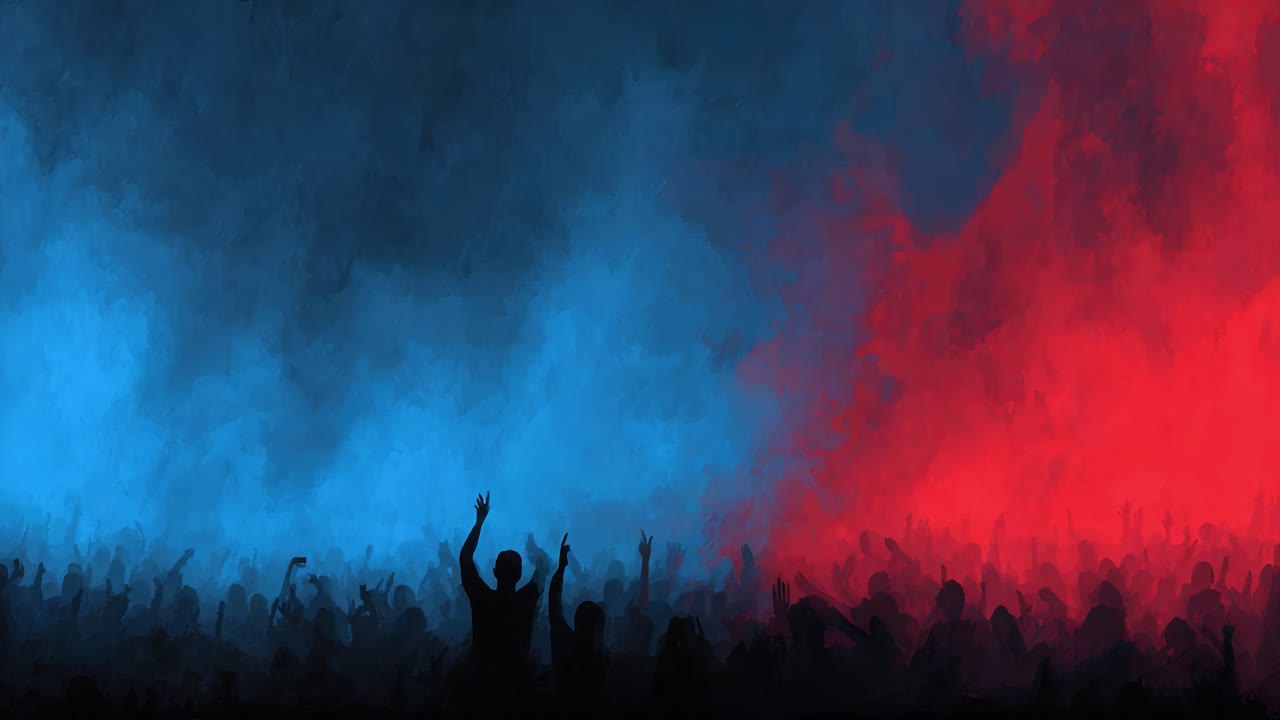 Dramatic Contrast of Color and Emotion in a Crowd: Vibrant Blues and Reds Capture the Energy of Togetherness and Celebration in a Surreal Atmosphere