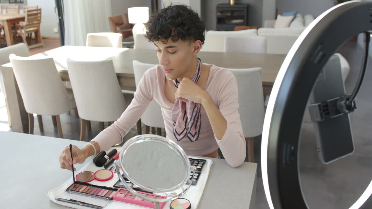 Applying makeup, non binary person using cosmetics and ring light at home