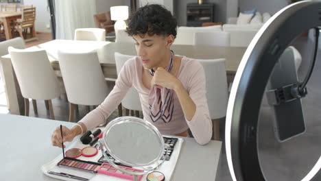 applying makeup, non binary person using cosmetics and ring light at home