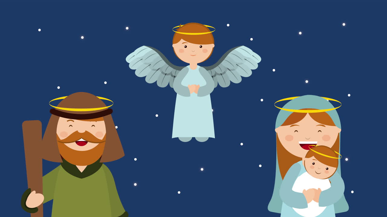 escena del pesebre de feliz navidad con la familia de holly y el ángel