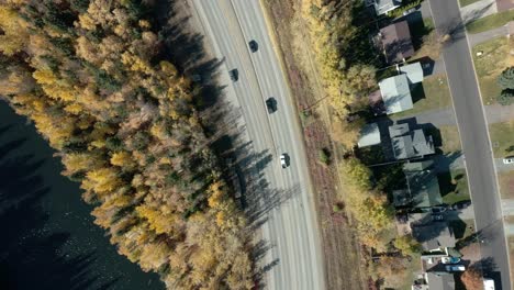 a top-down, aerial view of a slightly curving highway shot during the autumn season