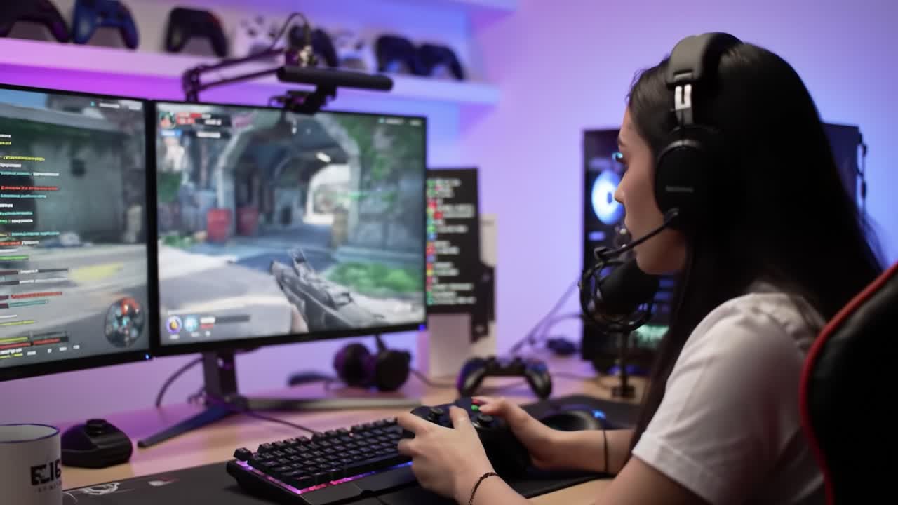 Immersive Gaming Experience: A Focused Player Engaged in Action, Surrounded by Modern Technology and Vibrant LED Lights