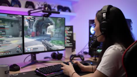 immersive gaming experience: a focused player engaged in action, surrounded by modern technology and vibrant led lights