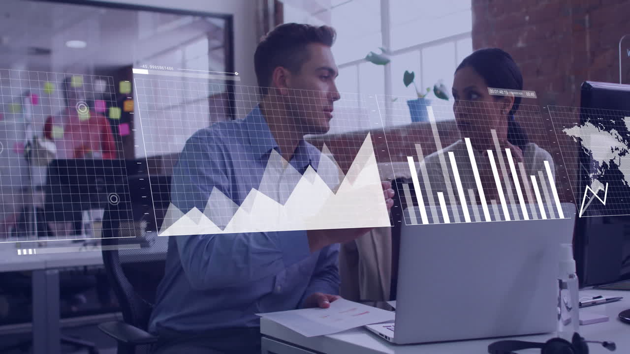 Animation of financial data processing over diverse colleagues discussing work in office