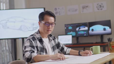 아시안 남성이 자동차 디자인 스케치를 작업하는 동안 스트레칭하는 측면 뷰 tv와 컴퓨터 디스플레이 3d 전기 자동차 모델
