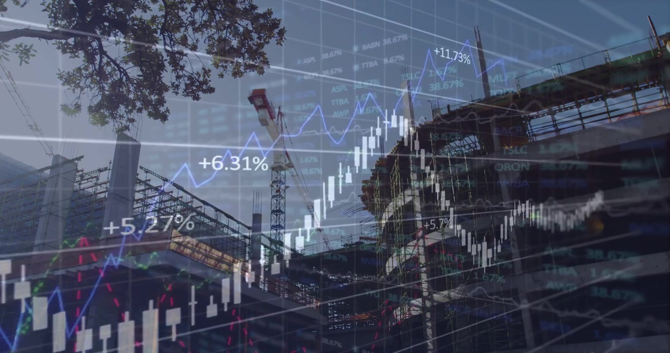 Obra en construcción y grúa enmarcando la vista, con gráficos y etiquetas de porcentaje apareciendo gradualmente mostrando tendencias financieras al alza.
