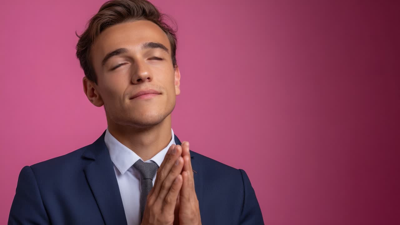 A Young Businessman in Formal Attire Expressing Hope and Anticipation Against a Soft Pink Background, Capturing a Moment of Reflection and Desire for Success