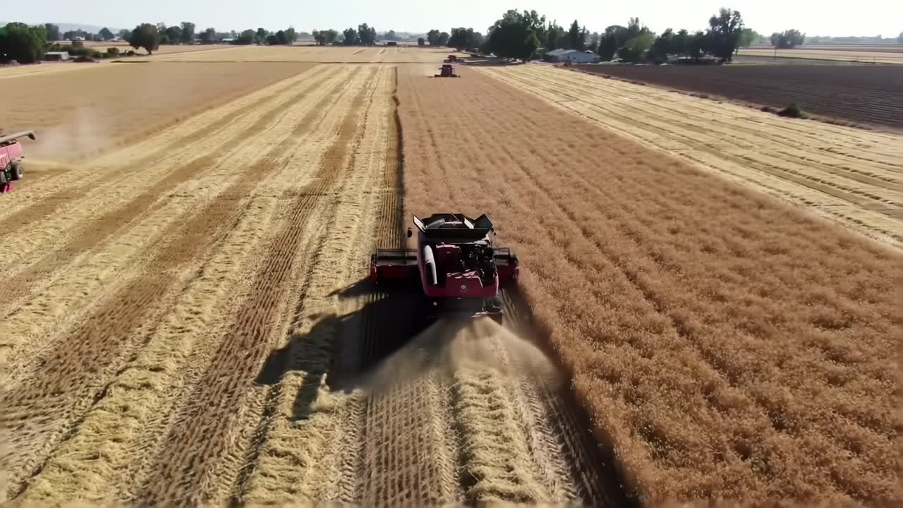 Harvesting Season: Modern Agricultural Machinery in Action on Expansive Fields Under Bright Skies, Showcasing Efficient Crop Collection and Land Management