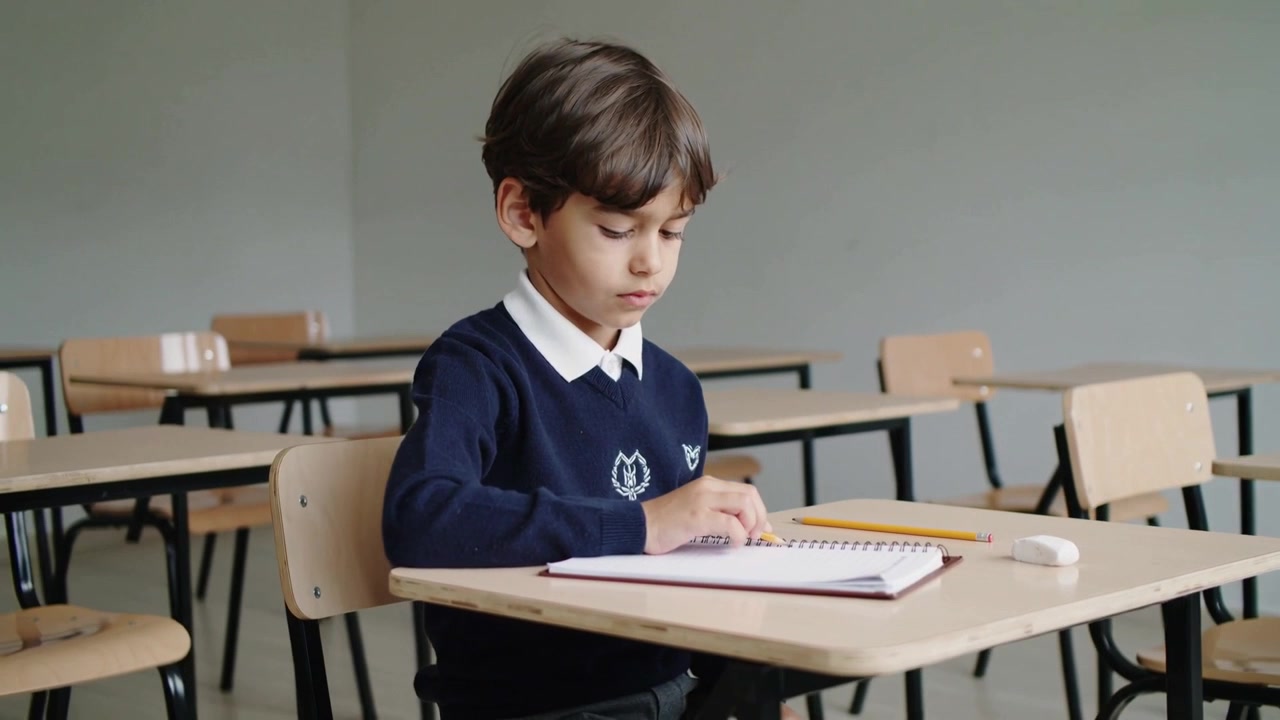 Ragazzo con maglione blu scuro che guarda un segnale fuori campo, traccia su un quaderno a spirale usando una matita gialla alla scrivania.