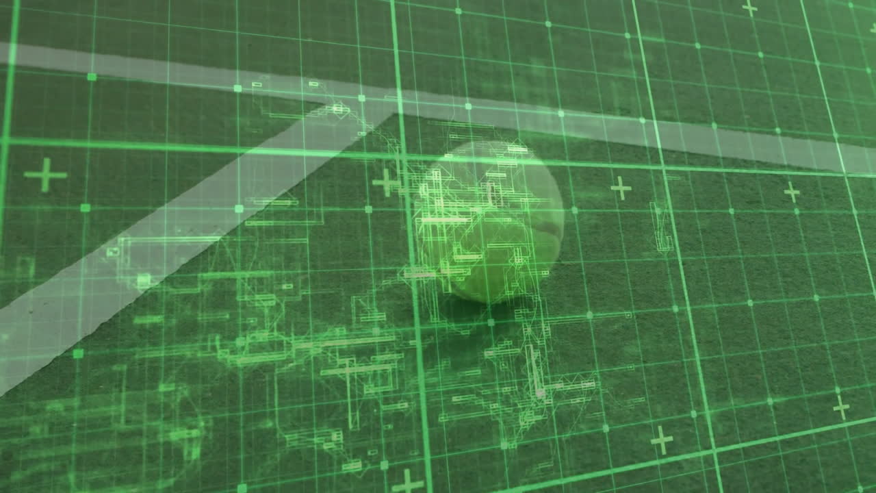 Bright green-yellow tennis ball resting on textured court, grid overlay analyzing ball trajectory