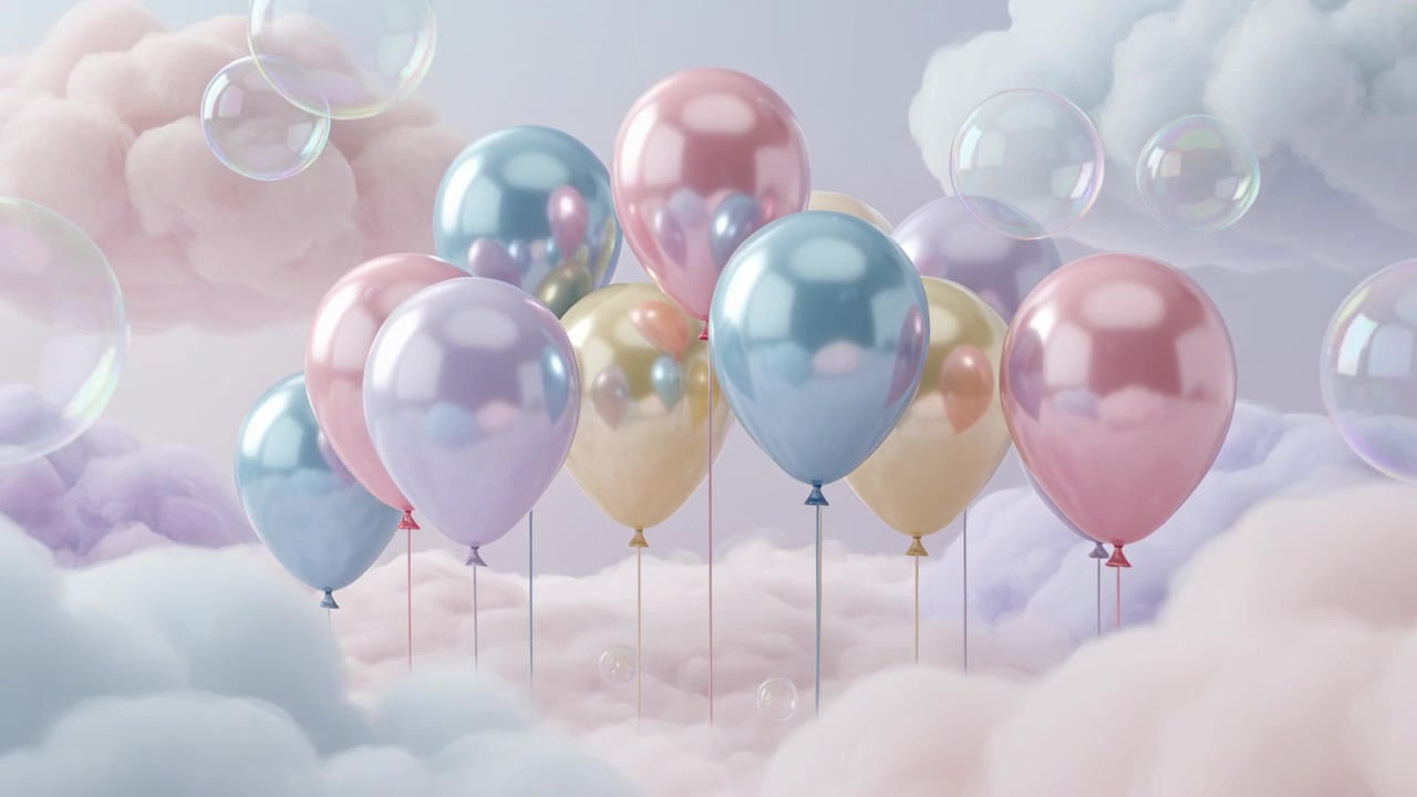 Pulling camera closer to centered glossy metallic balloons over soft cloudbed, revealing bubbles