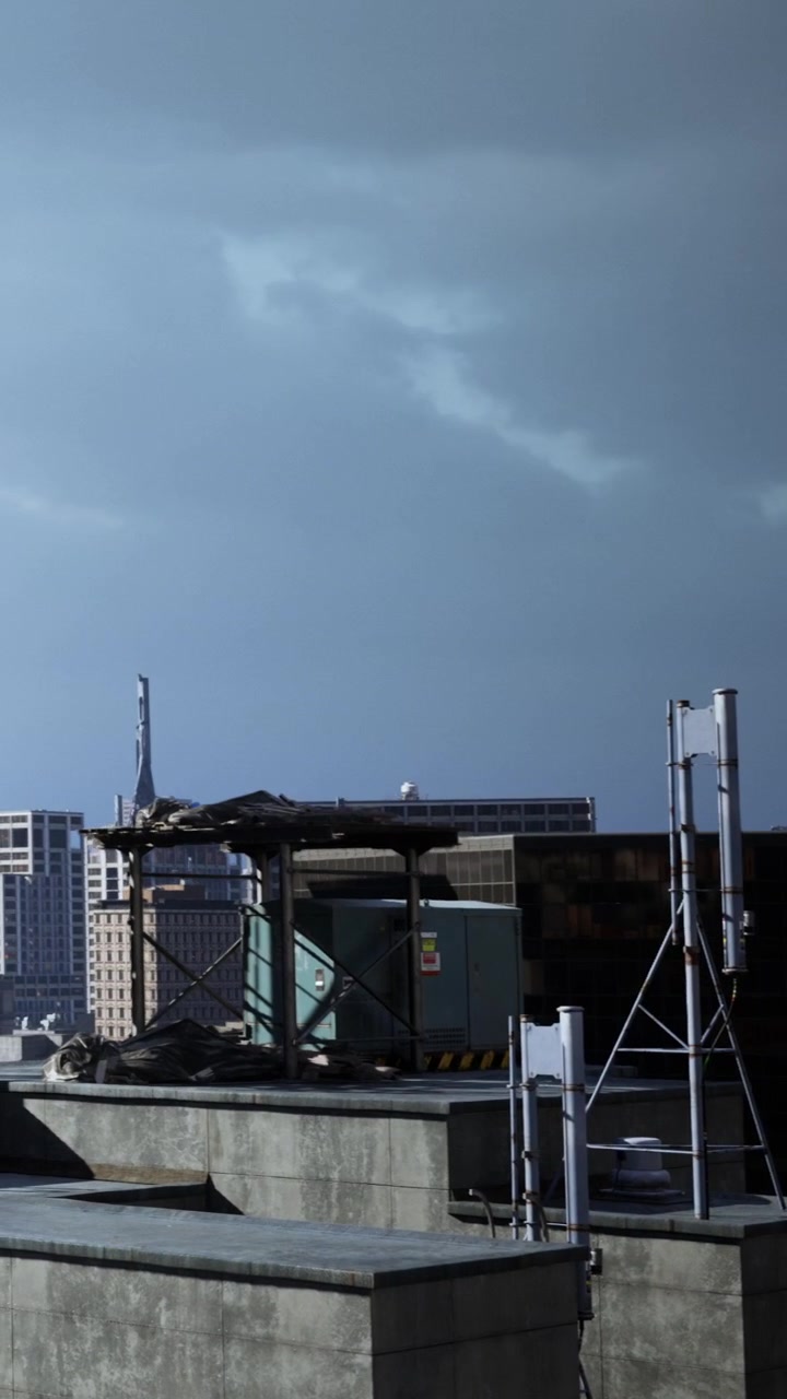 City skyline view with rooftops and storm clouds in the background