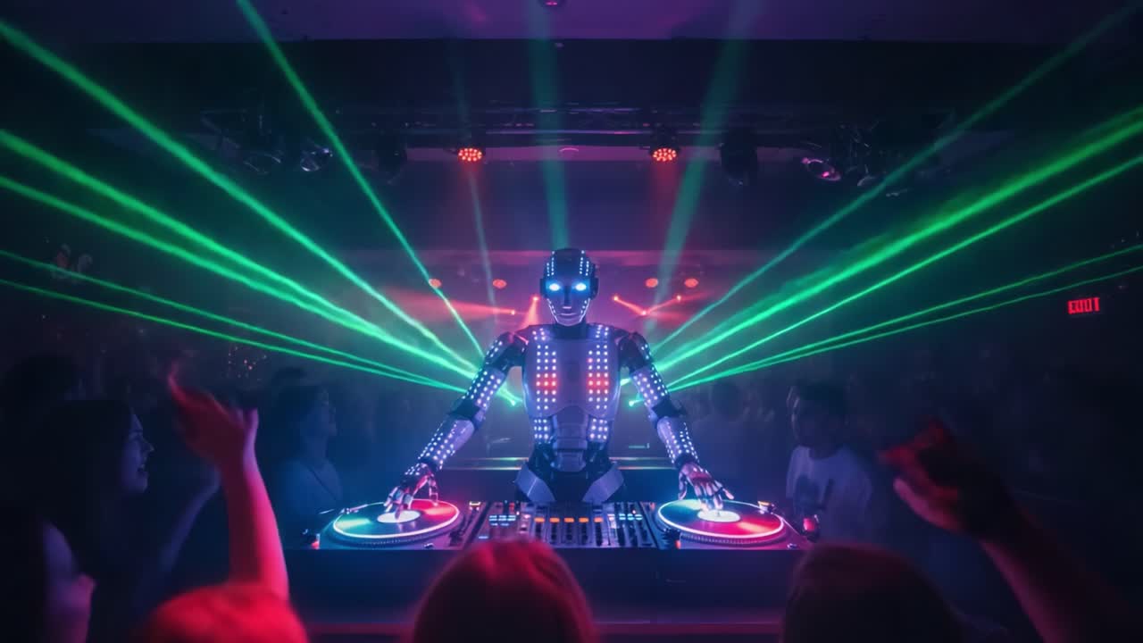Futuristic DJ Robot Ignites the Dance Floor with Mesmerizing Laser Show, Captivating a Thrilled Crowd in a Vibrant Nightclub Atmosphere