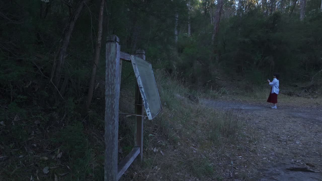 夕暮れ時、メルボルンのワランダイト公園にある古い鉱山トンネルの入り口の近くに立つ少女。その穏やかな風景は、柔らかな薄明かりの中で自然と歴史が融合した様子を捉えている。