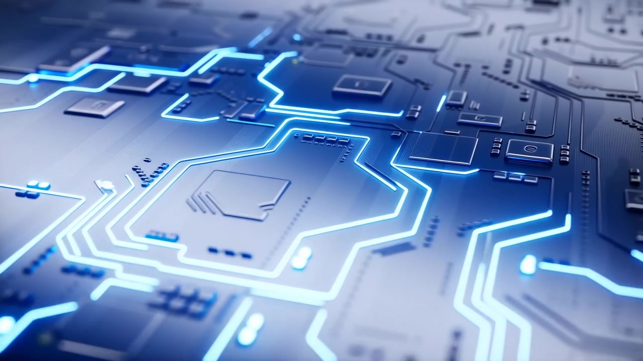 Bright blue illuminated lines move across detailed circuit board surface, highlighting layered components, metallic textures, and electronics design in close-up composition with cool lighting