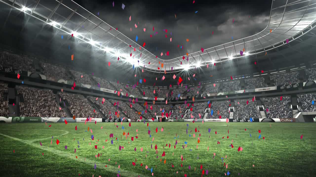 animación de confeti multicolores que caen sobre un estadio deportivo vacío