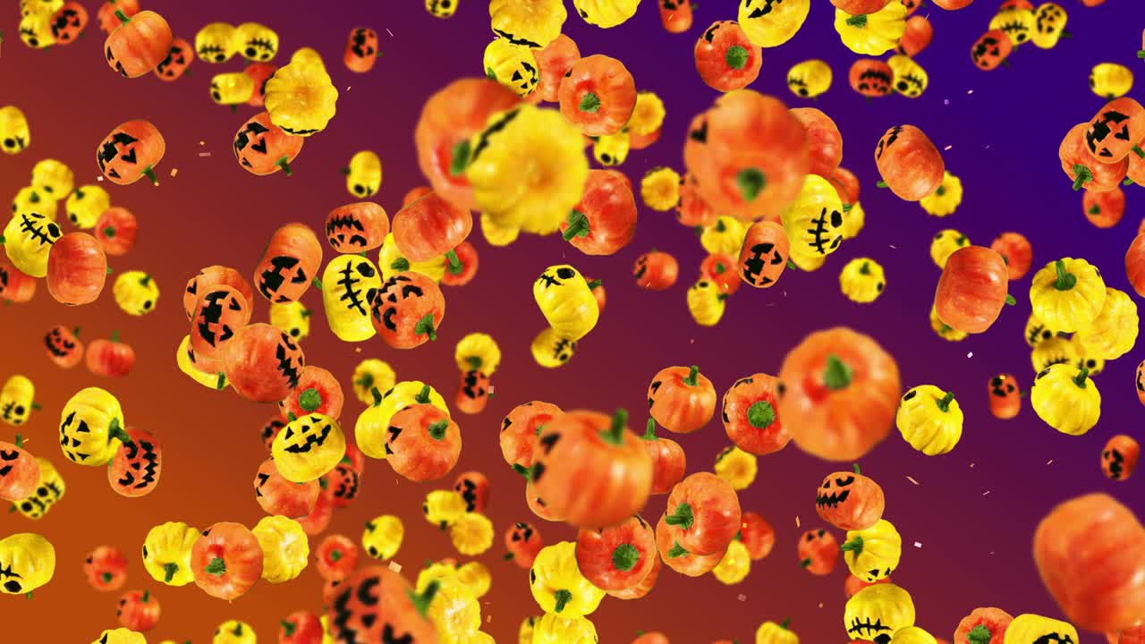 많은 오렌지색과 노란색의 호박을 날아다니며, 그라디언트 배경, 미소로 만화 얼굴, 할로윈 휴가에 대한 3d 애니메이션, 루프 애니메이션.