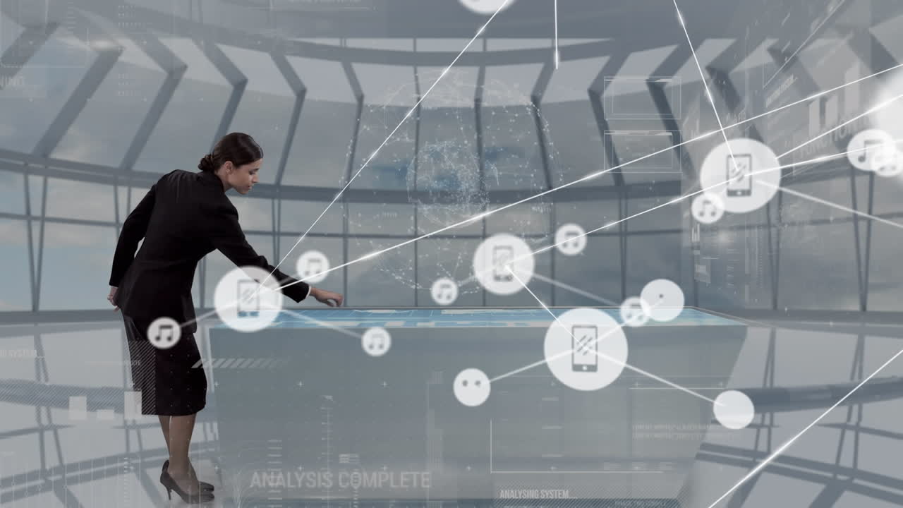 Animation of network of connections with icons over businesswoman using interactive screen