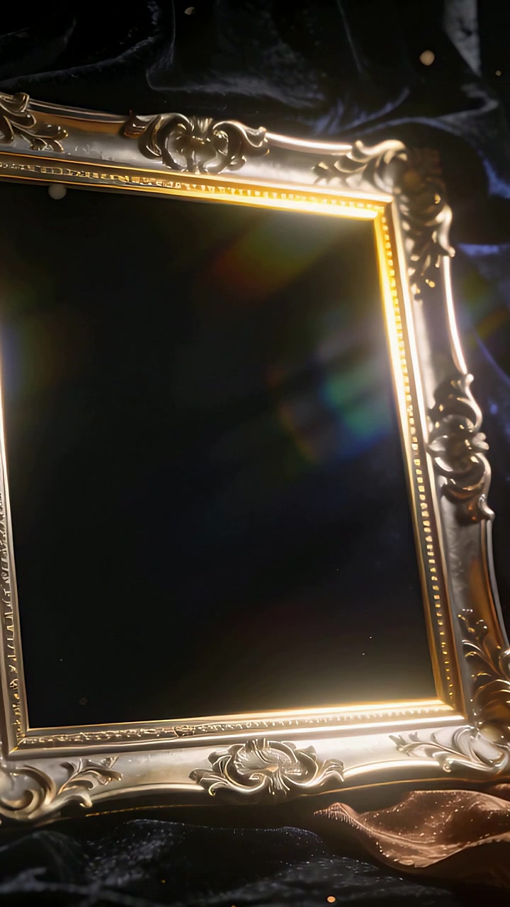 Vertical video: Offframe light casting moving hue flares across gilt frame on velvet, bronze ribbon