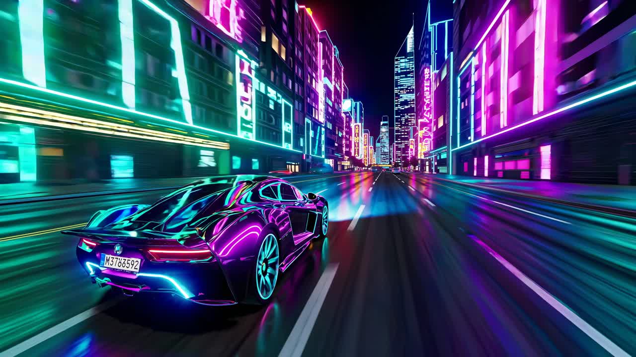 밤에는 네온 조명 사이버 크 도시에서 빠른 자동차