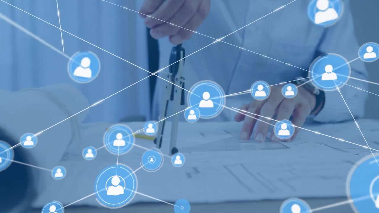 animación de la red de conexiones sobre arquitecto biracial en la oficina