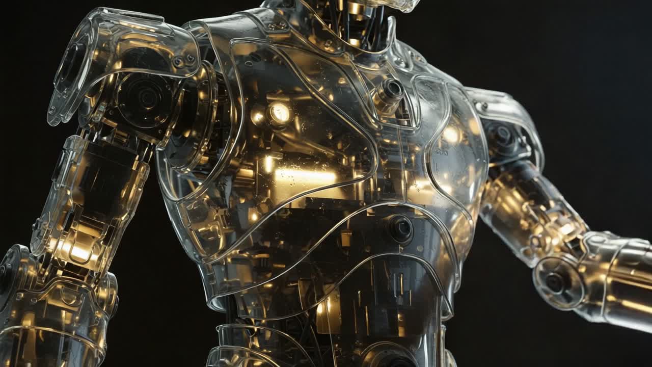 Futuristic Transparent Robot Design Showcasing Intricate Inner Workings and Illuminated Features, Combining Artistry and Advanced Technology in Stunning Detail