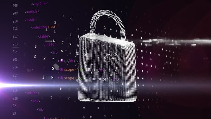 Animation of data processing and padlock on black background