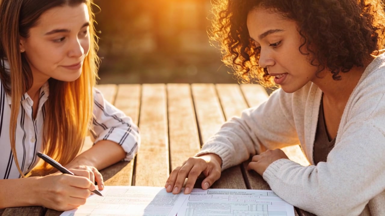 Noticing concern, right woman guiding left, writing with pen at campus table, forms