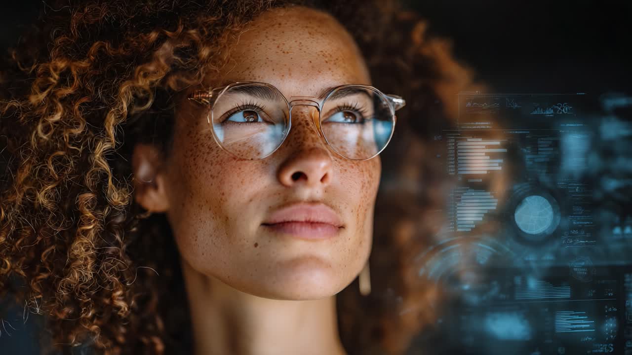 A Thoughtful Woman with Curly Hair and Glasses Contemplating Data Insights Through Innovative Digital Interfaces