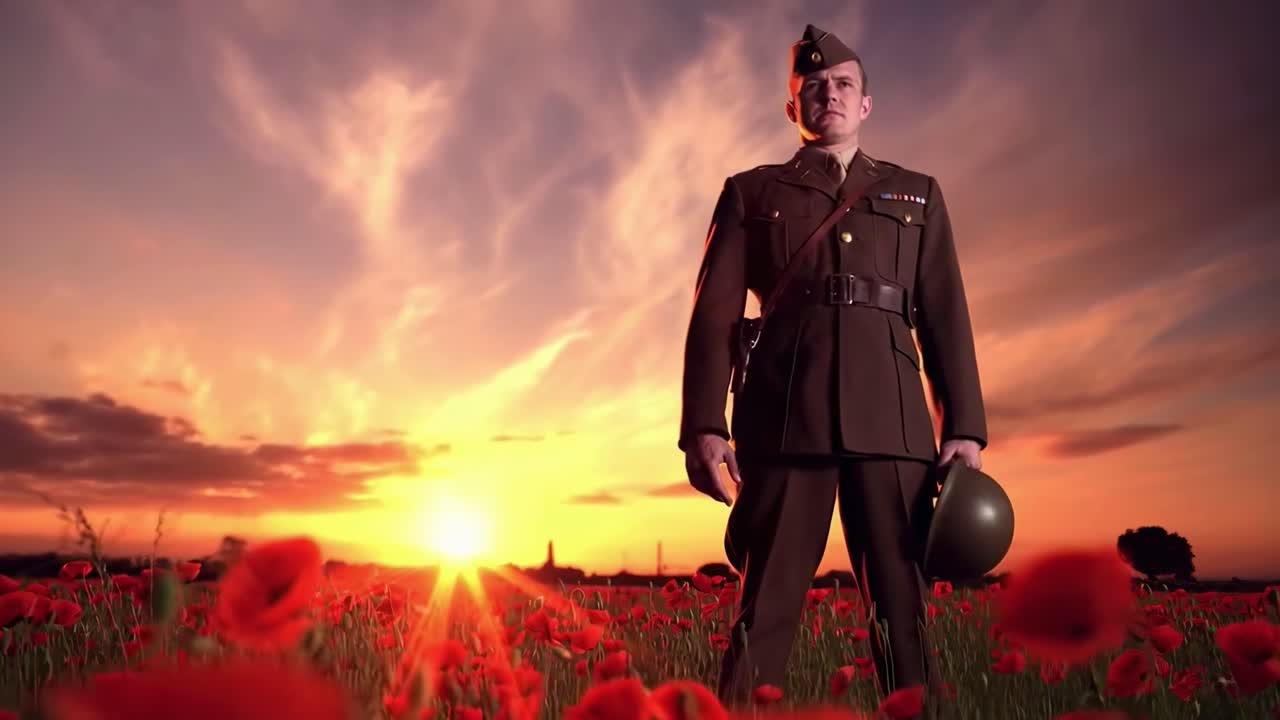 夕焼けのポピー畑に立つ軍服姿の兵士をローアングルで撮影した動画