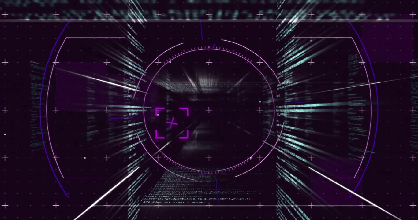 On start turquoise code walls rising, HUD reticle pulsing, streams sweeping inward, creating depth