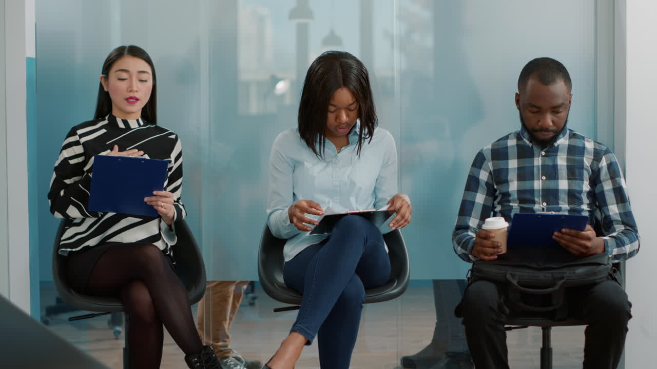Employment recruits rehearsing speech for job interview