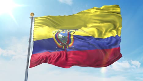 bandera del ecuador ondeando en el viento contra el cielo azul profundo. tema nacional, concepto internacional. 3d render ciclo sin costuras 4k